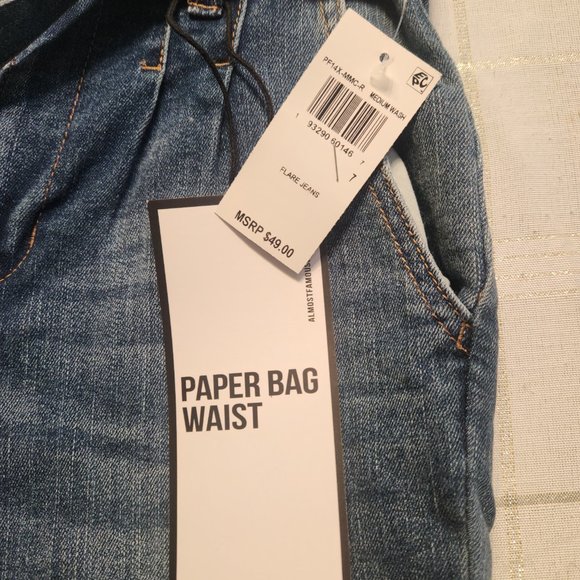 Paper bag jeans with blue jean material matching tie belt - Picture 3 of 7